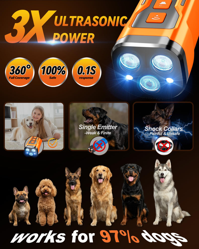 Dog Bark Deterrent Devices, 6 Modes 3X Ultrasonic Anti Barking Device for Dogs, 33 FT Range Barks No More Indoors Neighbor Outdoors with Flashlight,Dog Training Device Orange