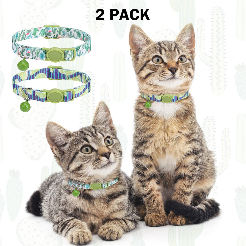 Breakaway Cat Collars for Girl Boy Cats, Spring Summer All Weather Cat Collar Personalized Pattern 2 Pack,Cute Classic Safety Buckles and Bells,Adjustable Printed Nylon Colorful Kitten Collar Cactus Jungle - PawsPlanet Australia