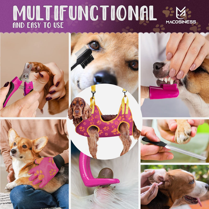 Pet Grooming Hammock for Nail Trimming - Complete Groomers Helper Set for Pet - Dog Grooming Hammock with Hook - Cat Nail Clipper - Dog Hammock for Nail Clipping (L, Purple with Gold Paws) PREMIUM SET - Purple with gold paws L - PawsPlanet Australia