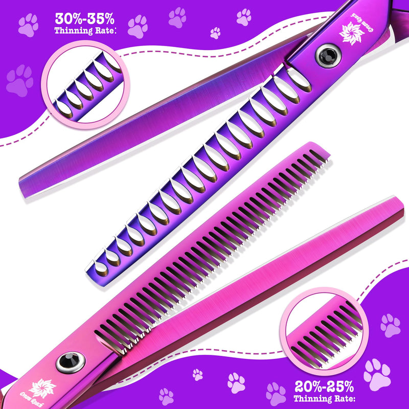 Dream Reach 7" Dog Grooming Scissors Kit, Professional 6 in 1 Dog Scissors Sharp and Durable Shears Set Thinning, Chunker, Straight, Curved Shears and Comb for Pet, Purple