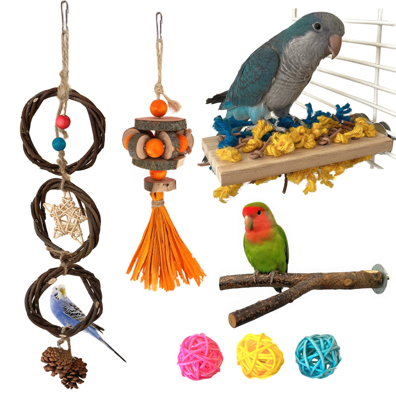 Bird Cage Accessories 7-Piece Set Parrot Perche Stand Wooden Platform,Bird Swing Parakeet Foraging Toy Parrots Climbing Frame for Small and Medium Sized Budgie,Cockatiel