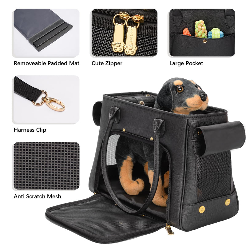 Fashion Pet Carrier Purse for Small Cat and Dog, Luxury Pu Soft-Sided Tote Bag with Large Pockets for Dogs and Puppies (Black, 15.8" L x 7.5" W x 11.8" H) Black 15.8"L x 7.5"W x 11.8"H