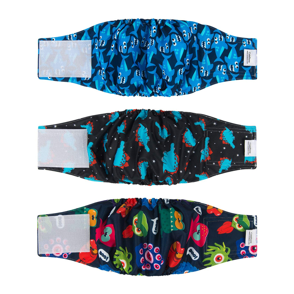 CuteBone Dog Belly Bands for Male Dogs Wraps Washable Doggie Diapers DM07S Shark&Dinos&Monster S(11"-14")