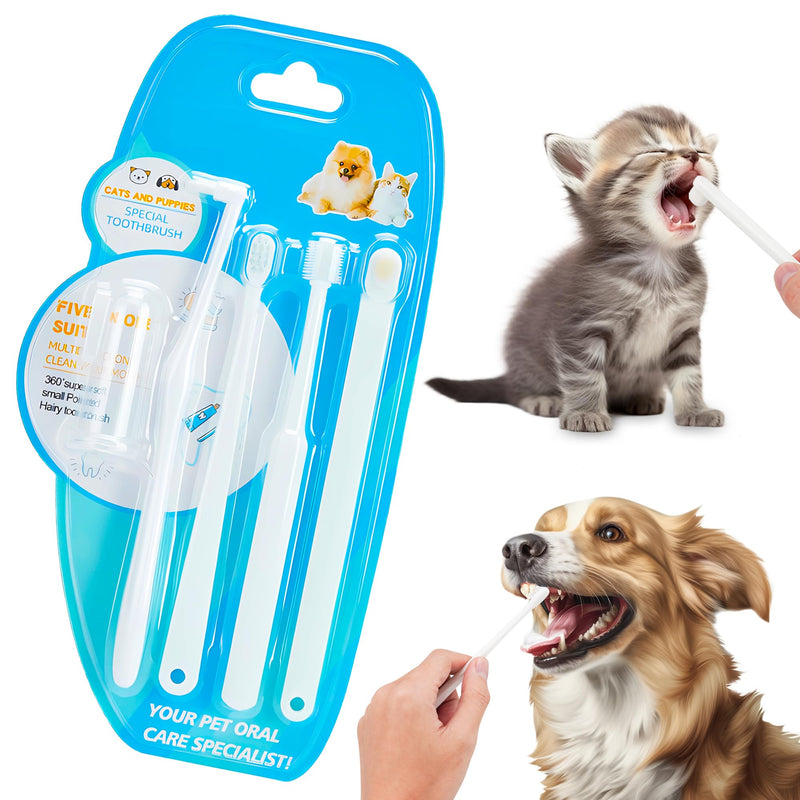 5-in-1 Cat Toothbrush Kit, Dog Toothbrush Kit,5 in 1 Multi-function（Soft brush, hard brush, 360° brush, pointed brush, finger brush）Pet Toothbrush，Dental care and cleaning for dogs and cats - PawsPlanet Australia