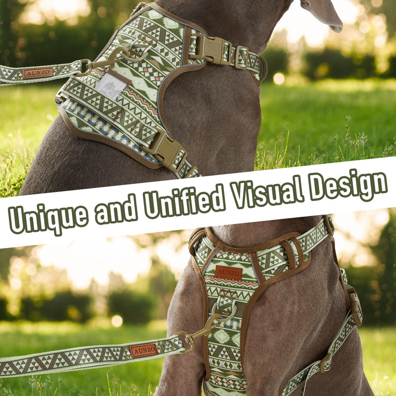 Dog Vest Harness for Medium Sized Dogs, No Pull Harness with 2 Metal Leash Clips, Easy On/Off with Neck Buckle, Adjustable Reflective Oxford Dog Vest with Easy Control Handle, French Bulldog Green Ethnic - PawsPlanet Australia