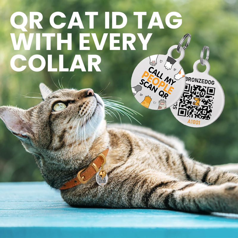 BRONZEDOG Leather Cat Collar with Bells Non Breakaway Kitten QR Tag for Girl Boy (7" - 9" for Cats, Black & Gold) 7 - 9 inch - PawsPlanet Australia