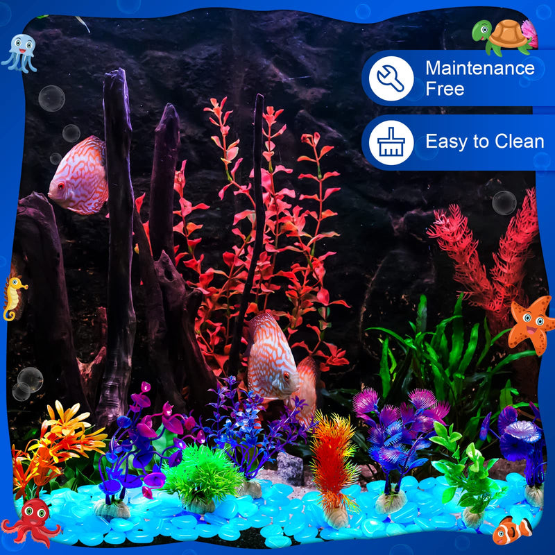 Jexine 100 Pcs Fish Tank Rocks Glow Blue, Fish Tank Stones Accessories Gravel with 10 Pack Artificial Aquatic Plants Fish Tank Plants Plastic Coral Reef Decorations for Aquariums - PawsPlanet Australia