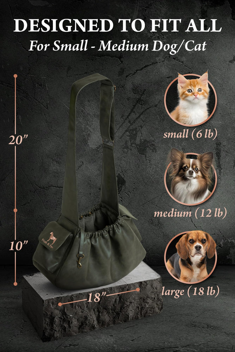 Noah & Paw Dog Sling Carrier for Small Dogs 5-18lb, Dog Sling for Small Dogs and Cats, Dog Carrier with Adjustable Padded Strap, Vegan Leather Lined with Fur, Double Safety Feature, Machine Washable Dark Green 18.0"L x 10.0"W x 6.5"H - PawsPlanet Australia