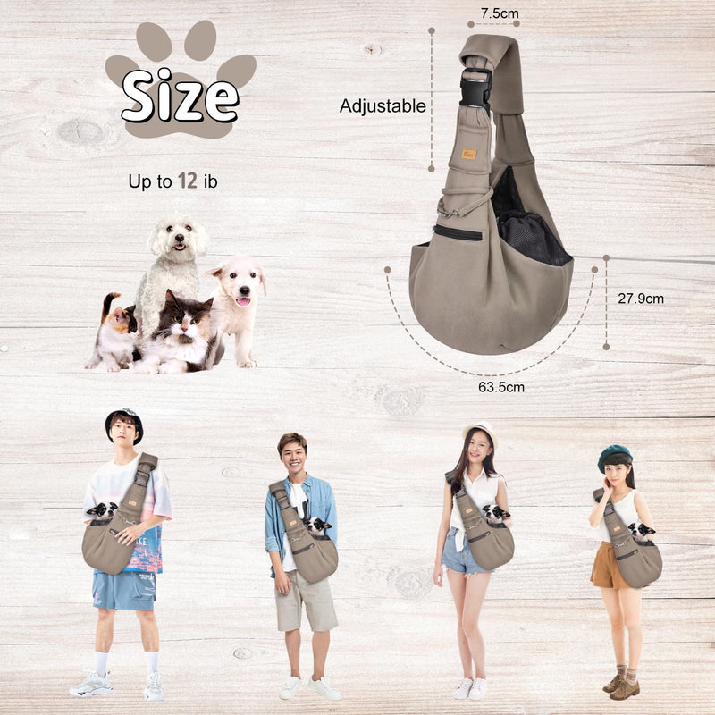 CUBY Puppy Carrier, Adjustable Reversible Cat Dog Sling Carrier for Small Medium Dogs Hands-free Puppy Sling Protect Shoulder Strap with Safety Belt Zipper Pocket Bottom Mat Khaki - PawsPlanet Australia