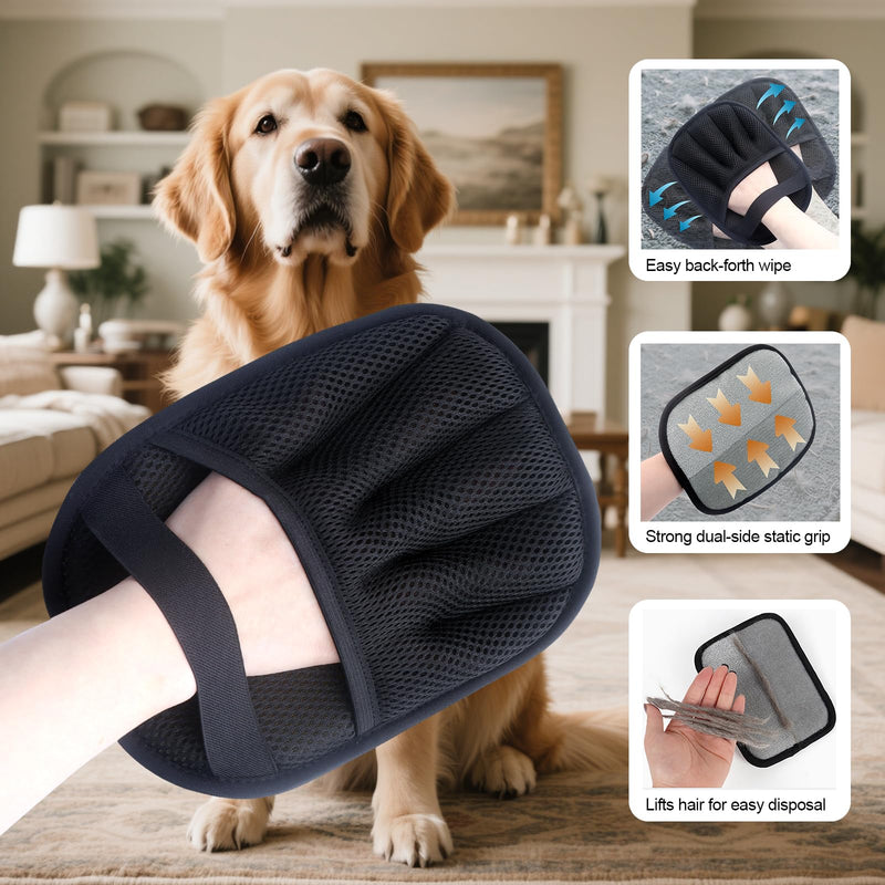 2Pcs Pet Hair Removal Glove for Cats & Dogs, with 2Pcs Toothbrush, Upgraded Five-Finger Electrostatic Pet Hair Gloves, Washable Reusable Pet Hair Remover Tool for Clothing, Couch, Carpet, Car Seat Black - PawsPlanet Australia