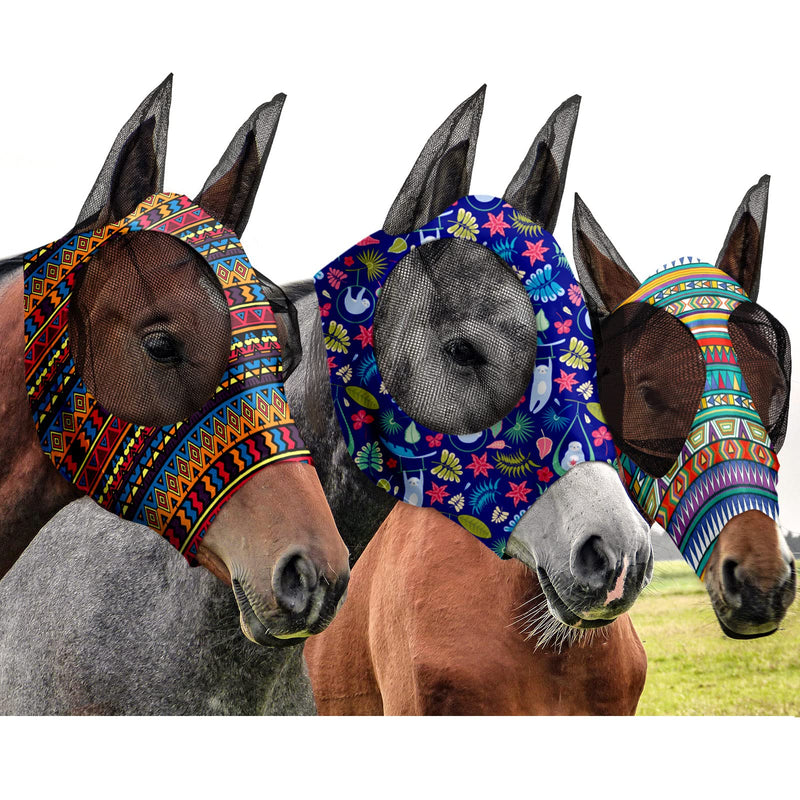 Frienda 3 Pieces Horse Fly Mask with Ears Adjustable UV Protection Breathability Horses Fly Masks Elasticity Smooth Comfortable Equine Face Covering(M) M