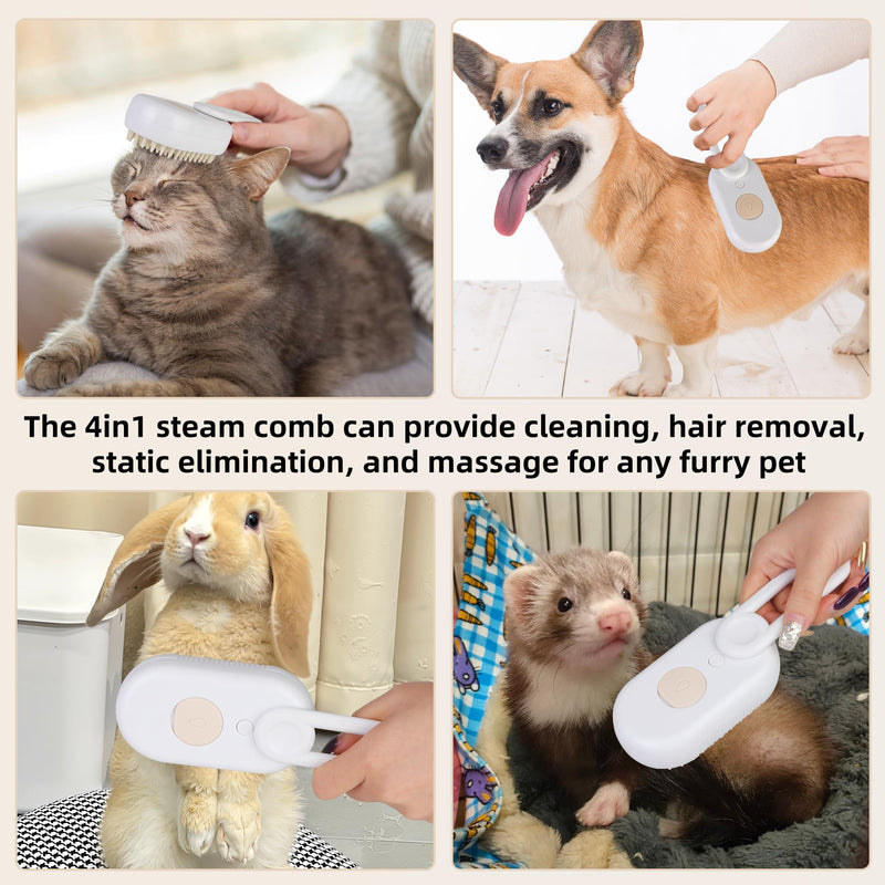 Cat Dog Hair Steam Brush: 4 in 1 Pet Grooming Tool Rechargeable Groomer Silicone Comb for Massage, Cleaning, Shedding and Combing, Anti-Static, 360° Portable Handle for Long or Short Hair Pet (White) White - PawsPlanet Australia