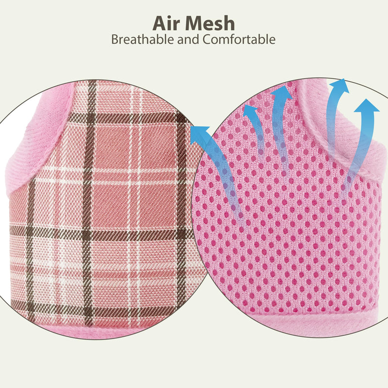 AIITLE Breathable Rabbit Harness and Leash Set - Plaid Pattern Padded Vest with Magic Tape Design, Dual D-Rings, Adjustable for Small Animal Pets, Indoor Outdoor Training Camping, Pink M - PawsPlanet Australia