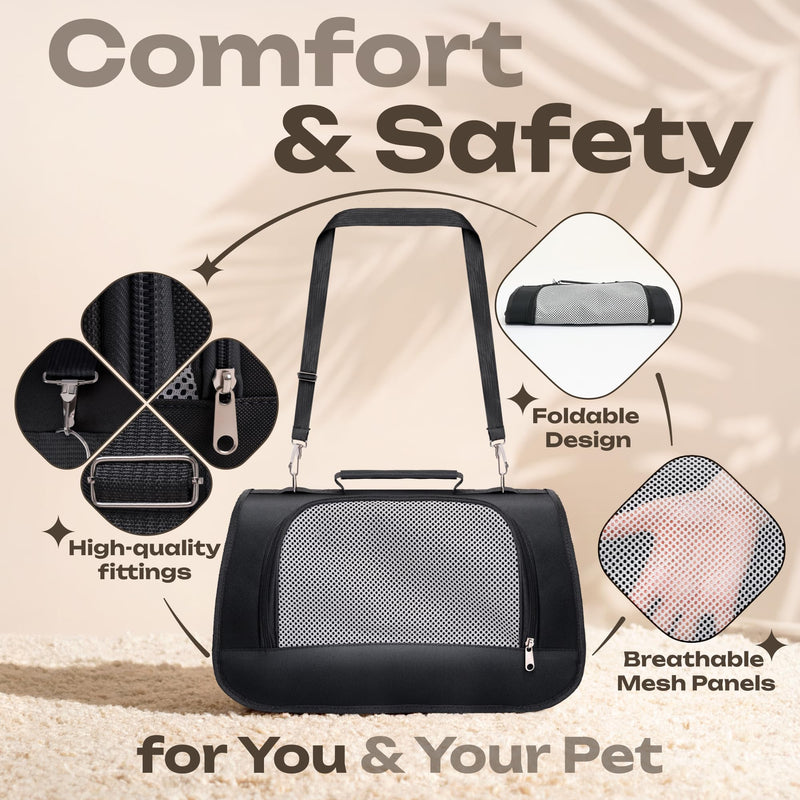 Small Pet Carrier for Cats, Rabbits, Guinea Pigs – Airline Approved Soft-Sided Travel Bag, Lightweight Dog Carrier, Ventilated & Foldable (Up to 10 lbs, Black) - PawsPlanet Australia