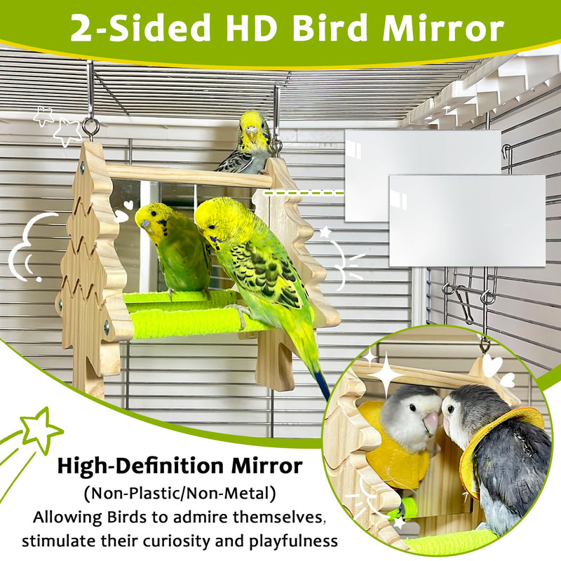 Bird Mirror Toy Perch, 2-Sided Hd Parakeet Mirrors & 2 Cotton-Wrapped Perches for Multiple Birds, Wooden Frame Hanging Parrot Swing for Cage, Safe No Sharp Edges Bird Toy for Budgie Lovebird Cockatiel - PawsPlanet Australia