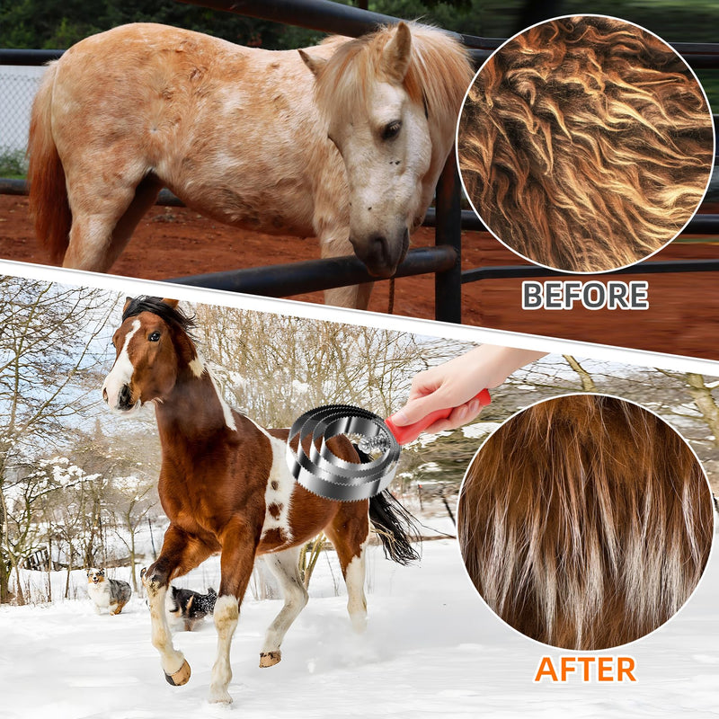 4 Rings Curry Comb Horse Brush, Reversible Stainless Steel Curry Comb Brush, Scraper With Handle Double Sided Shedding, Tool For Dog Horse Grooming Supplies (Red) Red