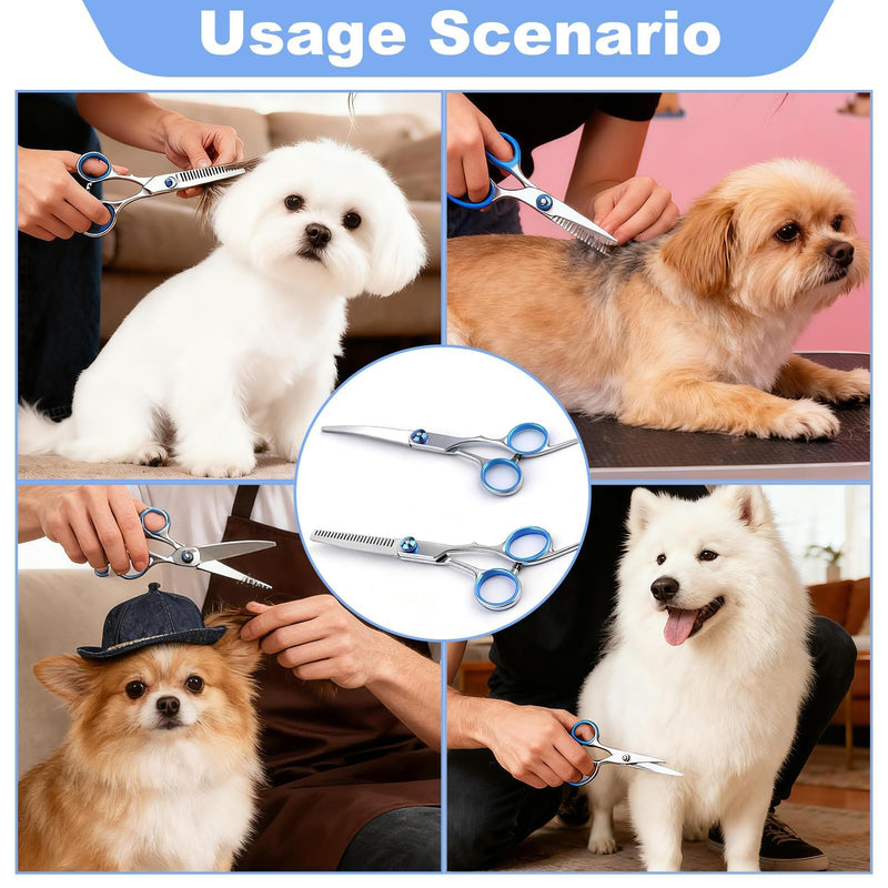 2 Pack Dog Grooming Scissors Set with Safety Round Tips Thinning Shears and Curved Scissors Stainless Steel Pet Grooming Kit for Long Short Hair for Dogs and Cats (Blue)