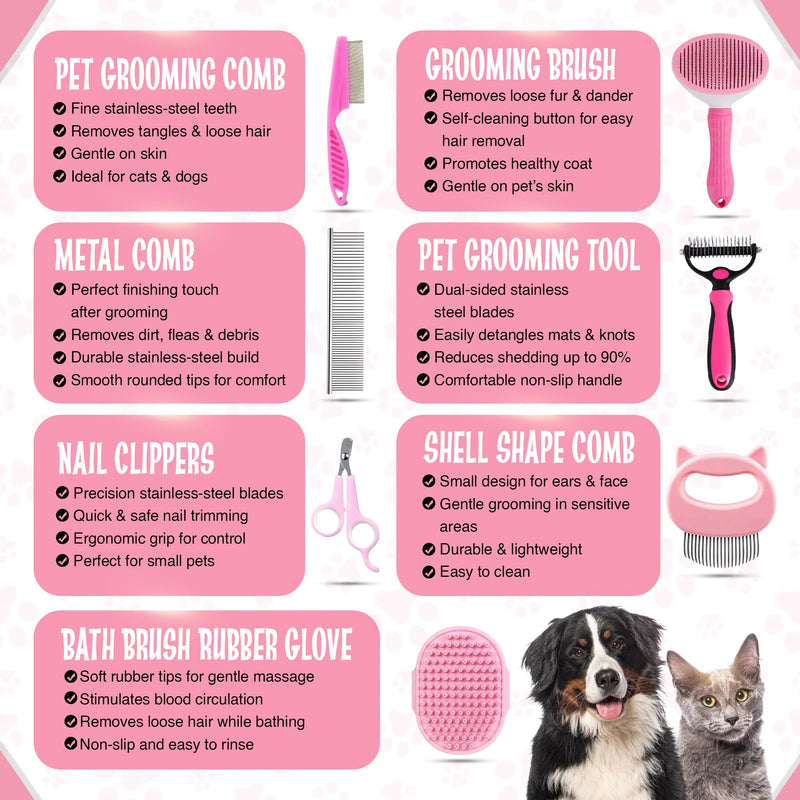 7-in-1 Pet Grooming Kit for Dogs & Cats Deshedding Brush, Bath Brush, Flea Comb, Nail Clipper & Massage Glove Complete Grooming Set for Small & Large Pets - PawsPlanet Australia