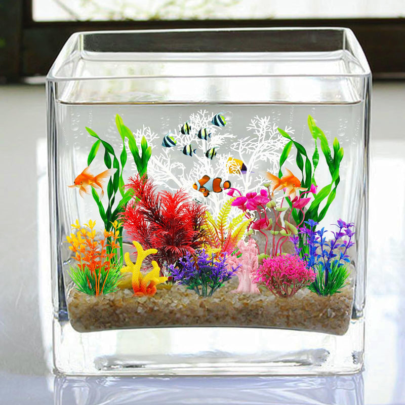 Aquarium Decorations Plants with Resin Coral, 12 pcs Fish Tank Accessories, Fish Tank Decorations Small Plants Plastic, Aquarium Decor Artificial Plant - PawsPlanet Australia