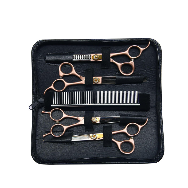 7 Inch Professional Dog Grooming Scissors Kit, 6-in-1 Grooming Scissors for Dogs, Pet Grooming Shears Set, Straight Scissor & Thinning Shear & Curved Scissor & Chunker Shear (Rose Gold) Rose Gold 4 pieces - Professional Kit - PawsPlanet Australia