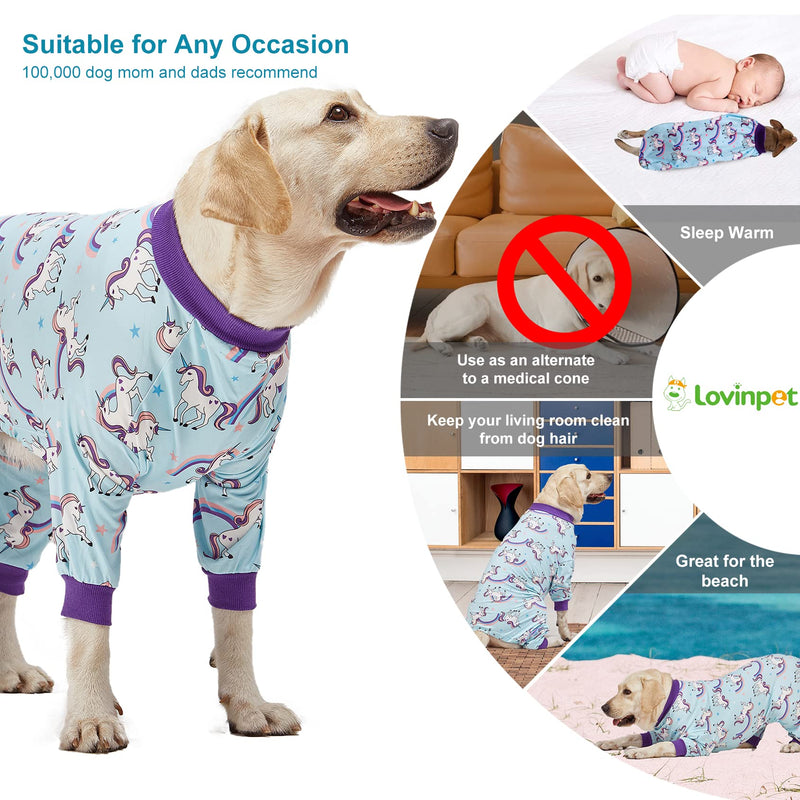 LovinPet Large Dog Pajamas PJS, Wound Care/Post Surgical Recovery Shirt for Big Dogs, Lightweight Stretchy Pullover Dog Onesie, Stop Shedding for Dogs, Magical Unicorn Rainbow Print, Pet PJ's, L Purple - PawsPlanet Australia