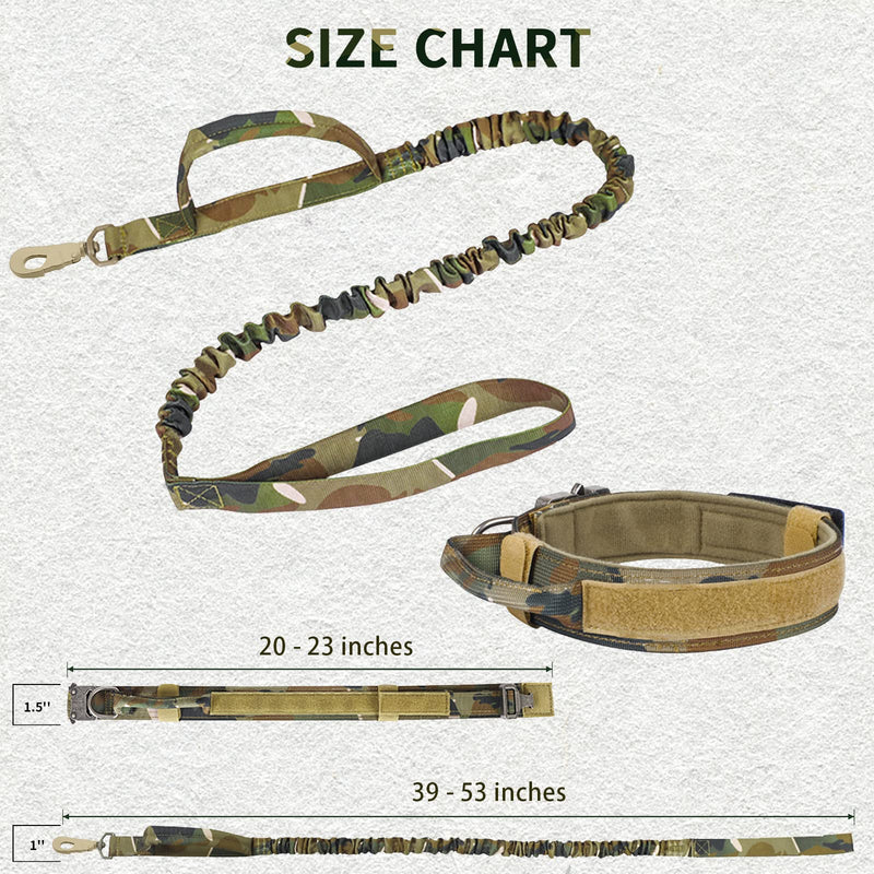 Tactical Dog Collar and Bungee Leash, Camo Military Dog Collar & Leash Set with USA American Flag Adjustable K9 Collar with Heavy Duty Metal Buckle & Handle,with Patches and Airtags Case (XL, Camo) XL - PawsPlanet Australia