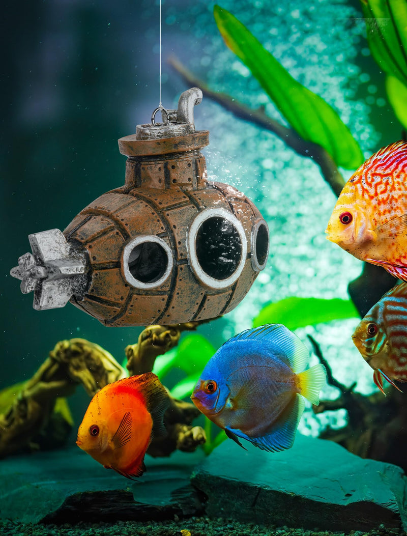 Floating Fish Tank Decoration, Little Cute Retro Submarine Aquarium Decoration with Two Float Balls , Resinous Fish Tank Accessorie, Safe Fish Toy for Betta Cichlid Goldfish Shrimps Hermit Crabs Floating submarine 4.9'' - PawsPlanet Australia