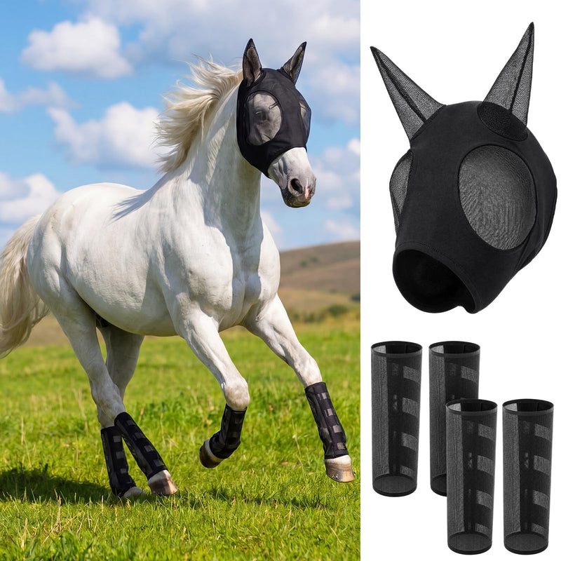 Hsei Mule Horse Fly Mask Set with Fly Boots with Ears Breathable Pony Equine Mask Horses Accessories Large for Pony Miniature Foal Draft Cob Srabian Donkey Farm Pet