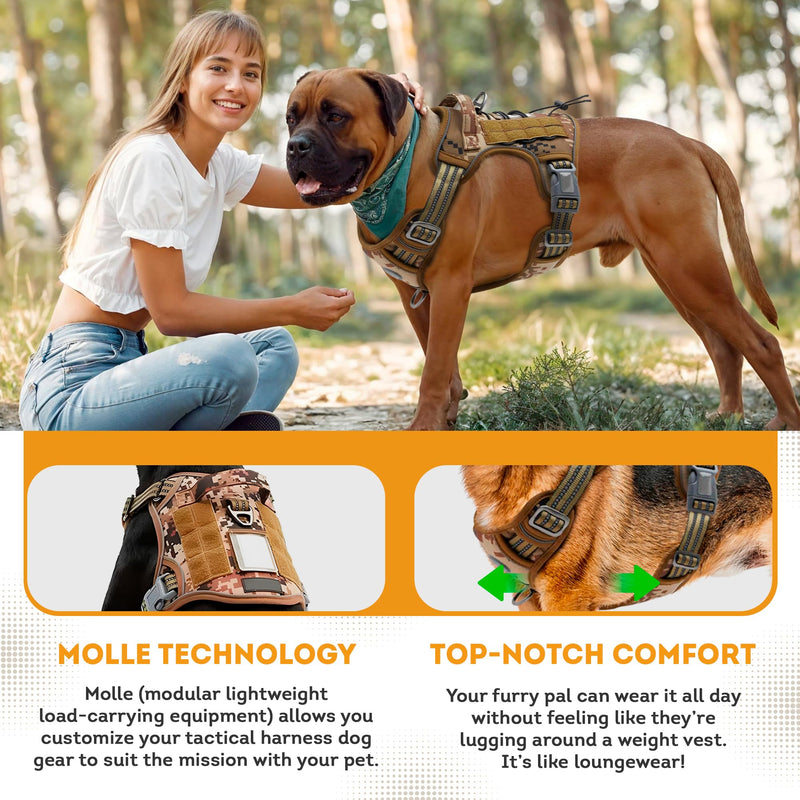 Tactical Dog Harness With Handle, X-Large, Desert Camouflage 900D Nylon Vest. No Pull Breathable Harness With Adjustable Straps and Quick-Release Buckles - PawsPlanet Australia