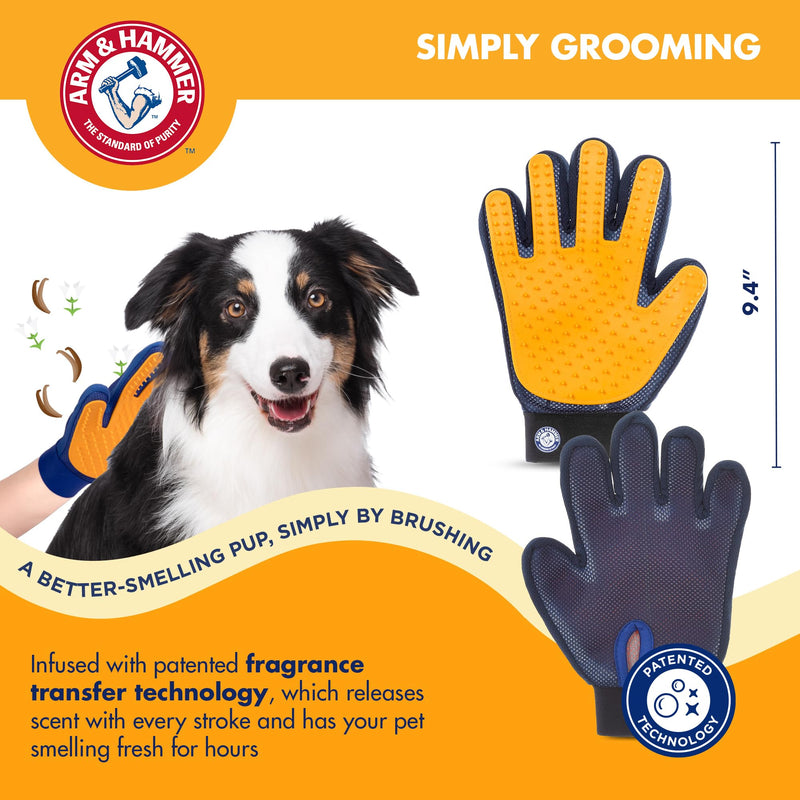 Arm & Hammer “Simply Calm” Dog Grooming Deodorizing Glove with Fragrance Transfer Technology –Scented Silicone Hand Brush for Bathing & Shedding, Sweet Lily & Vanilla Scent Navy & Yellow Grooming Pet Glove - Sweet Lily & Vanilla - PawsPlanet Australia