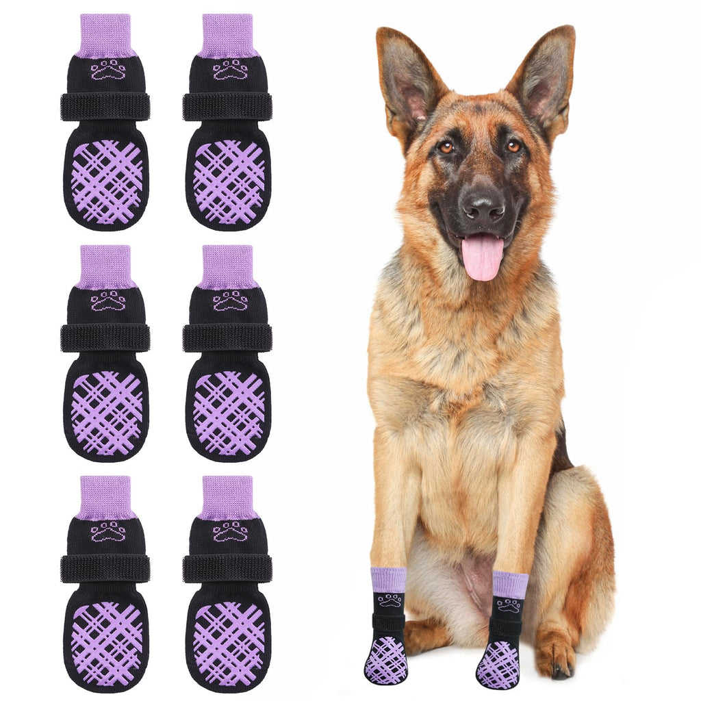 BEAUTYZOO Dog Socks to Prevent Licking for Hardwood Floors -Dog Boots Shoes for Small Medium Large Dogs -Double Side Grips Traction Control Anti Slip Socks for Puppy Doggie Senior Dog, Paw Protector L Black & Purple