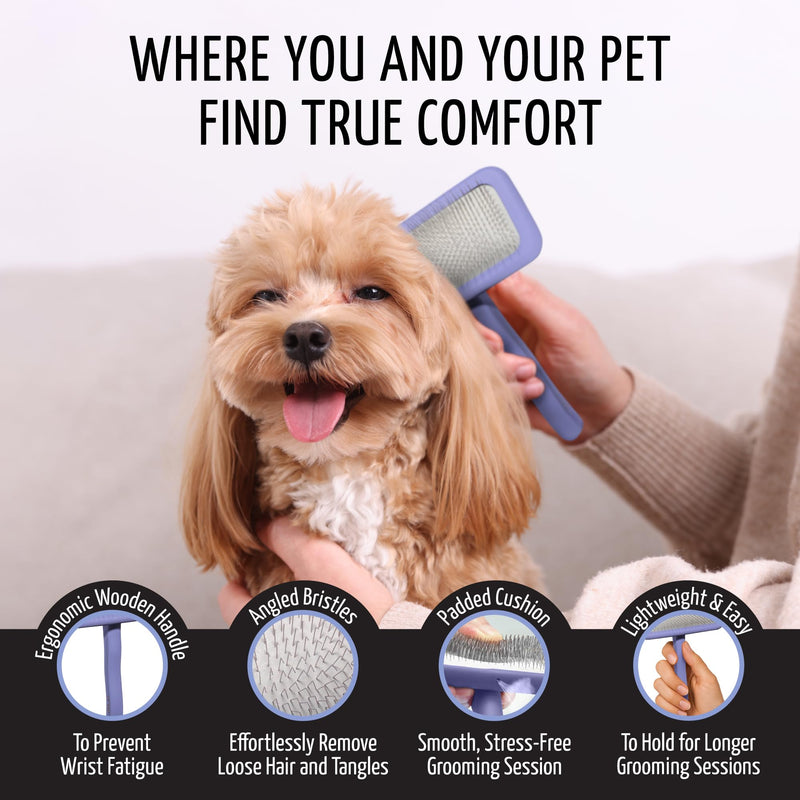 Tauro Pro Line Slicker Brush for Dogs & Cats, Deshedding, Dematting & Detangling Grooming Tool for Medium to Long Coats, Ideal for Retrievers & Maine Coons, Flexible Cushion, Purple, Large Size (L) Rectangular - L