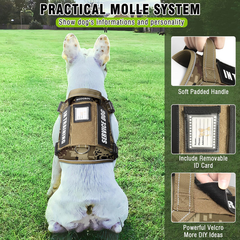 Tactical Dog Harness and Leash Set Medium Sized Dog,Heavy Duty No Pull Service Dog Vest and 10 Patches with Dog Seat Belt,Reflective Adjustable Pet Harness for Training Walking Hiking Camo M Desert Camo
