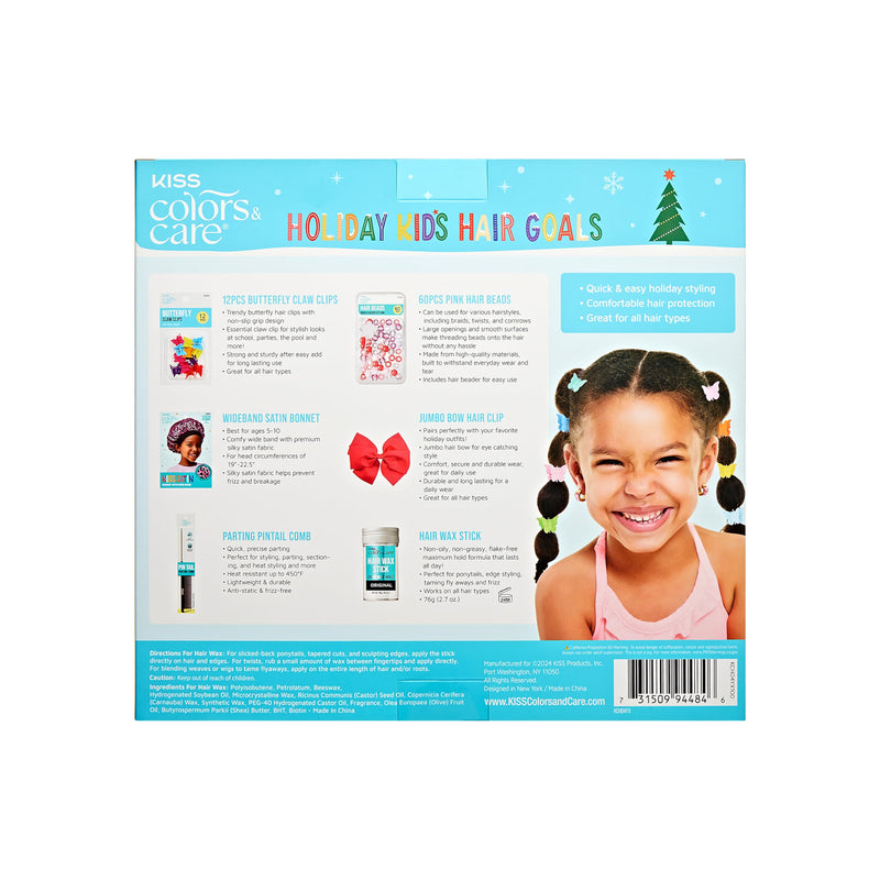 KISS Colors & Care Holiday Hair Goals Kids Hair Styling Gift Set, 12 Pc. Butterfly Claw Clips, 60 Pc. Pink Hair Beads, Wideband Satin Bonnet, Jumbo Bow Hair Clip, Hair Wax Stick, Parting Pintail Comb One Size (Gift Set)