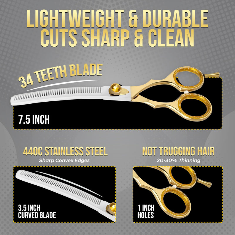 ZAVRIX Professional Dog Grooming Scissors – 7.5” Curved Thinning Shears with 34 Teeth, Pet Chunkers for Dogs & Cats, Premium 440C Stainless Steel Grooming Tools (Golden Polish Curved Thinning Scissor) Golden Polish Curved Thinning Scissor - PawsPlanet Australia