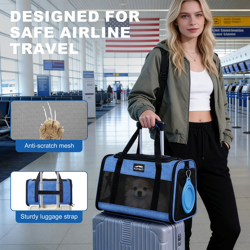 TSA Approved Pet Carrier for Kitten and Puppy, Cat Carrier Soft Fits Pets up to 13 lbs, Dogs Travel Bag with Bowl Foldable, Ideal for Travel, Car Rides, and Vet Visits (Blue, Cat Bowl Set) Blue - PawsPlanet Australia