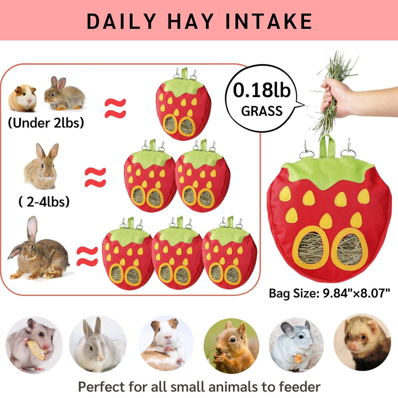 JanYoo Rabbit Hay Feeder Bag for Cage Guinea Pig Timothy Hay Dispenser Storage Manger Hanging Large Less Waste for Bunny A-Strawberry Pack of 1 - PawsPlanet Australia