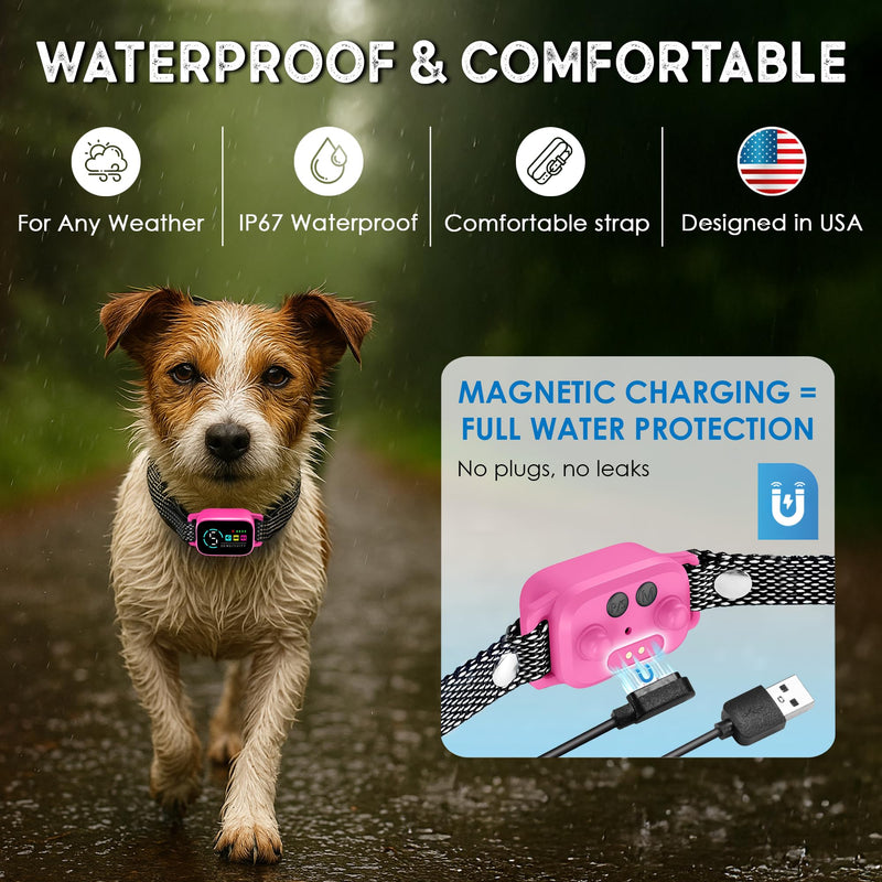 Bark Collar for Small Dogs 8-40 lbs – No Shock Anti Barking Collar with AI Chip – 3 Modes & 5 Sensitivity Levels – Waterproof, Rechargeable, Magnetic Charging – Humane, Effective Training (Pink) Pink