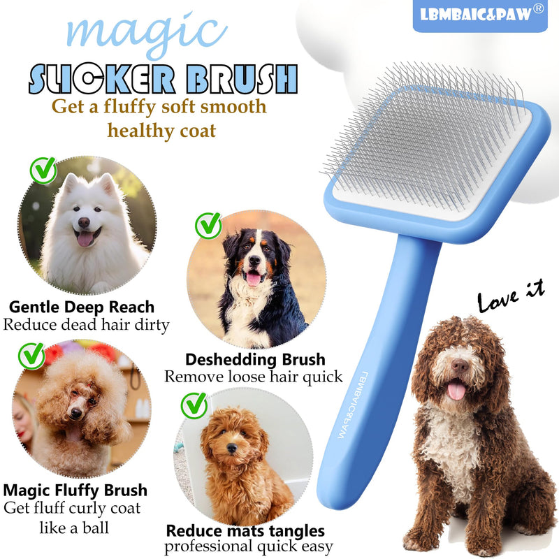 Dog Slicker Brushes for Poodles,Doodles,Goldendoodle,Bernedoodle.Slicker Brush for Thick Long Curly Fur Deshedding,Fluff,Grooming.Remove Loose Fur Quick Easy.Long Pin Slicker Brush.Wood body(Large) Blue