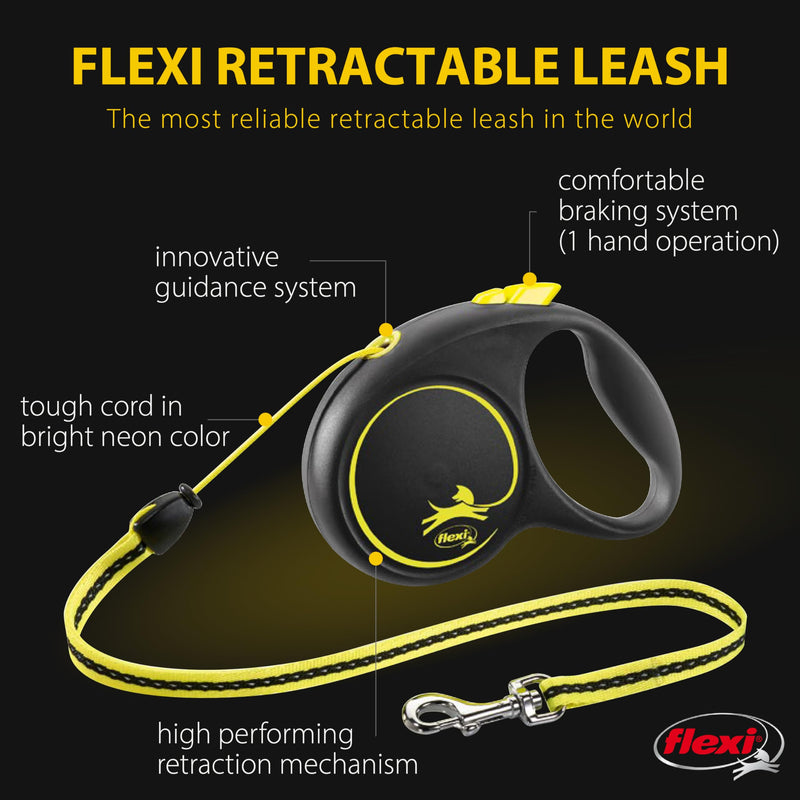 FLEXI New Fun Neon Retractable Dog Leash, Comfortable and Stylish, Small - Cord, 16-Feet, Black with Neon, up to 26 lbs Small - Cord - 16ft