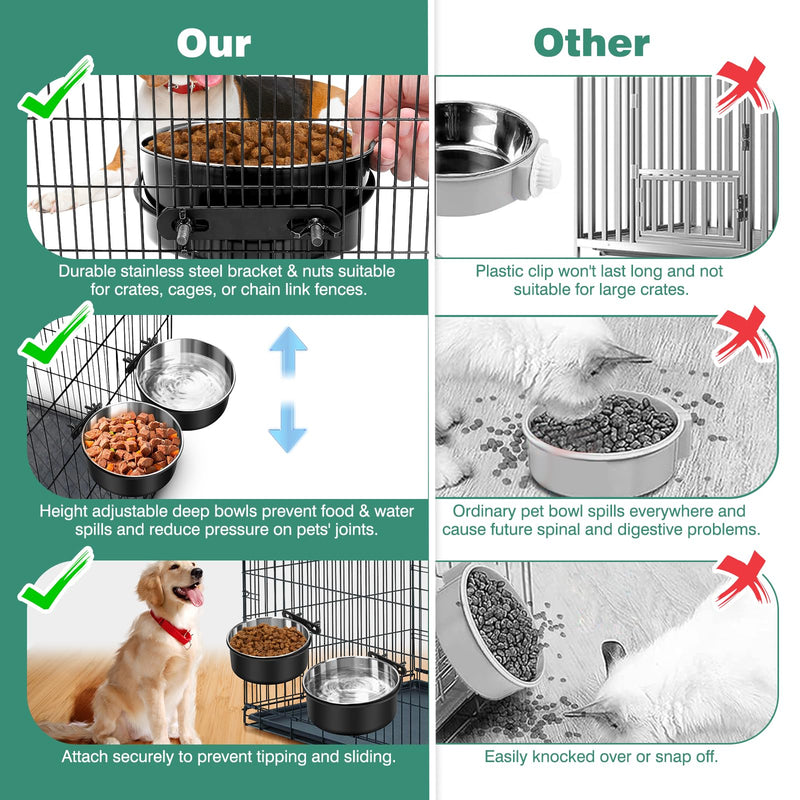 Dog Crate Water Bowl No Spill, 2 Pack Dog Crate Bowls Hanging, Kennel Water Food Bowls Mountable, Pet Cage Accessories Feeder Dish, Stainless Steel Coop Cup for Cat Puppy Bunny Guinea Pig Ferret Bird M(6.3*2.6'' & 5.5*2.4'') Black