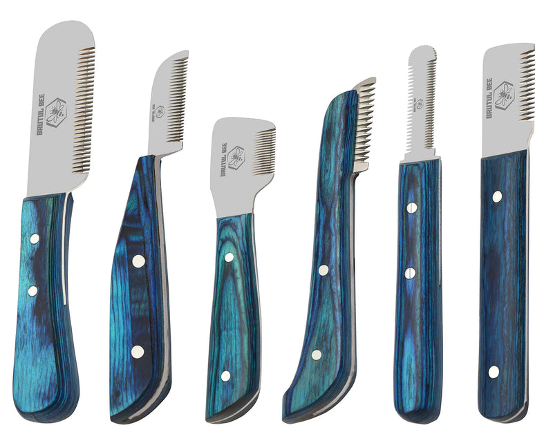 Stripping Knives Set of 6 in Stainless Steel, Wooden Handle, Non-Slip Tools for Grooming Dogs (Blue) Blue - PawsPlanet Australia