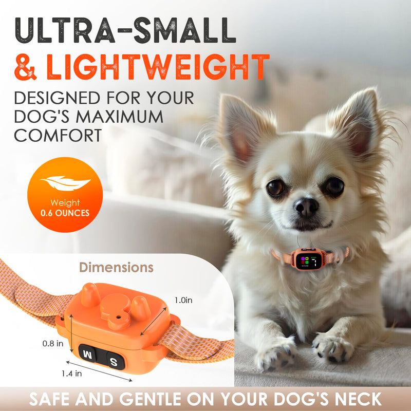 Tiny Bark Collar for Small Dogs 5-15 lbs and Puppies - No Shock Anti Barking Collar - Rechargeable Smart Collar for Dog Training with 7 Sensitivity Levels and 3 Beep&Vibration Modes (Pure Orange) Pure Orange