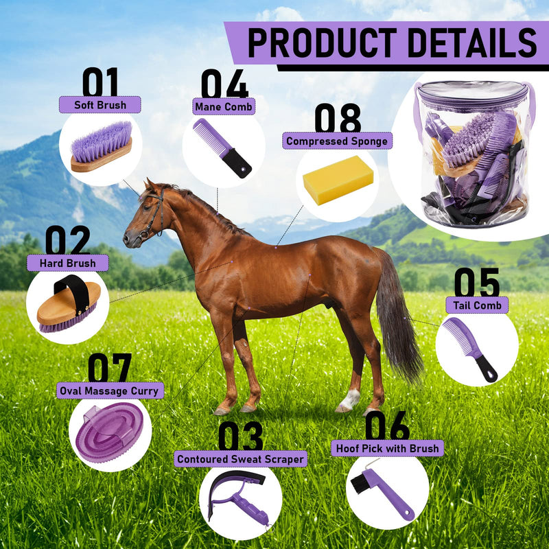 Cunhill 9 Pcs Horse Grooming Kit Tack Room Supplies Set with Tote Bag, Oval Massage Curry, Hard and Soft Brush, Hoof Pick, Sweat Scraper, Bathing Sponge, Comb for Horse Rider(Cute,Purple) Cute Purple