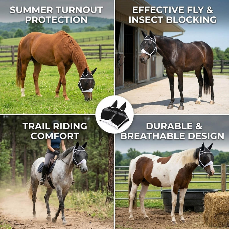 1PCS Fly Mask for Horses, Summer Turnout Protection with Enhanced Visibility, Breathable Mesh and Knit Fabric Design, Tangle-Free Fly Mask for Outdoor Riding and Stable Management (Full (Large))