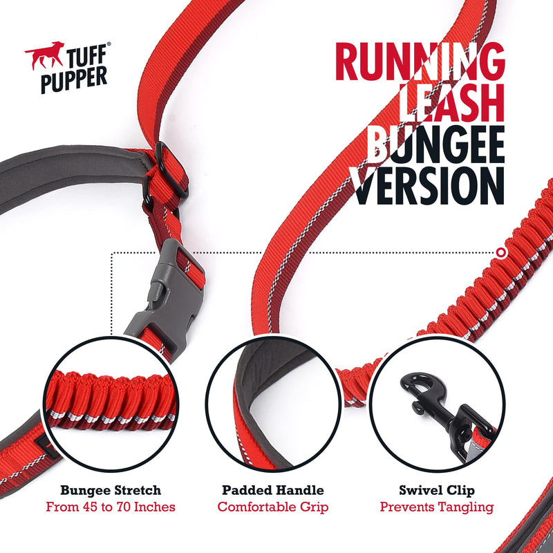 Tuff Pupper Hands Free Bungee Dog Leash | Lightweight for Running Jogging Walking | Adjustable Padded Waist Belt (24-50 inch) | Bungee Stretch 3 to 6 Feet | Strong Ballistic Nylon w/Reflective Strips Fiery Red