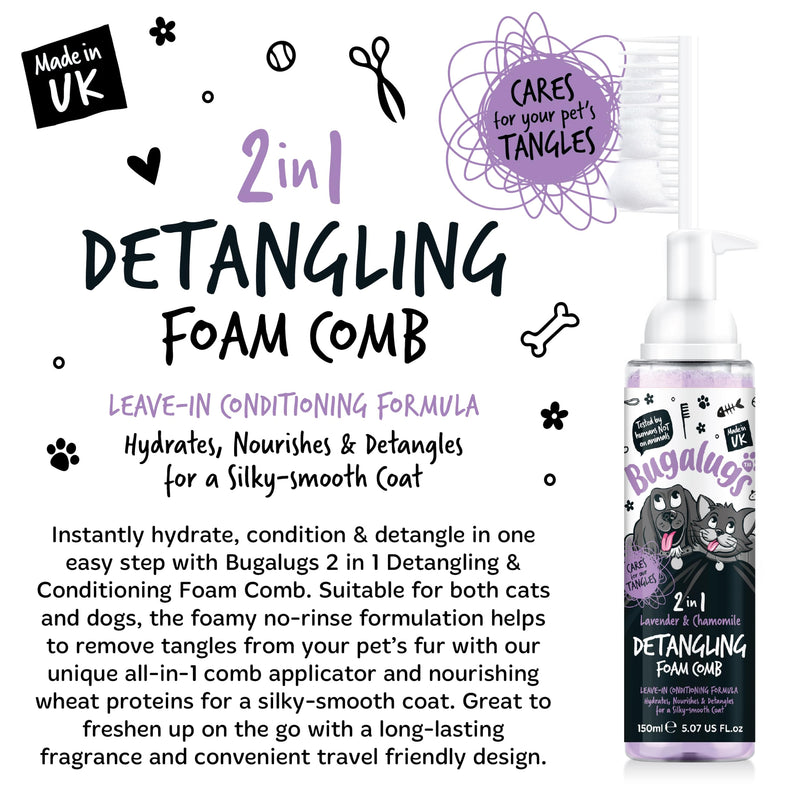 Bugalugs Pet Detangler Foam Comb - leave In conditioner spray for de matting. No tangles. Professional dog grooming formula with Wheat protein. Dog Detangler Spray knot removal (Lavender & Chamomile) Lavender & Chamomile