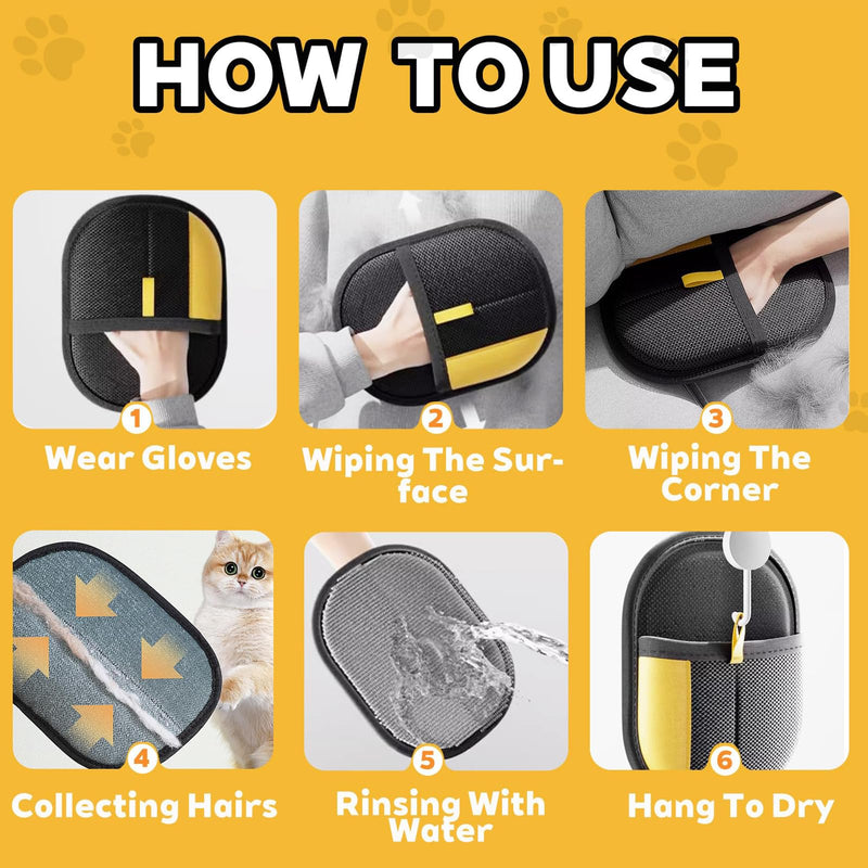 Pet Hair Removal Glove for Cats & Dogs, Upgraded Electrostatic Pet Hair Gloves, Reusable Magic Brush Pet Hair Remover Tool for Laundry, Couch, Carpet, Car Seat Yellow border - PawsPlanet Australia