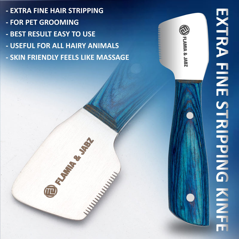 FLAMIA & JABZ FJ Professional Stripping Knife kit (6 pieces set) for Dogs & Pets, Wooden Handle Grip with Stainless Steel Blade (Right handed) (Blue) Blue - PawsPlanet Australia