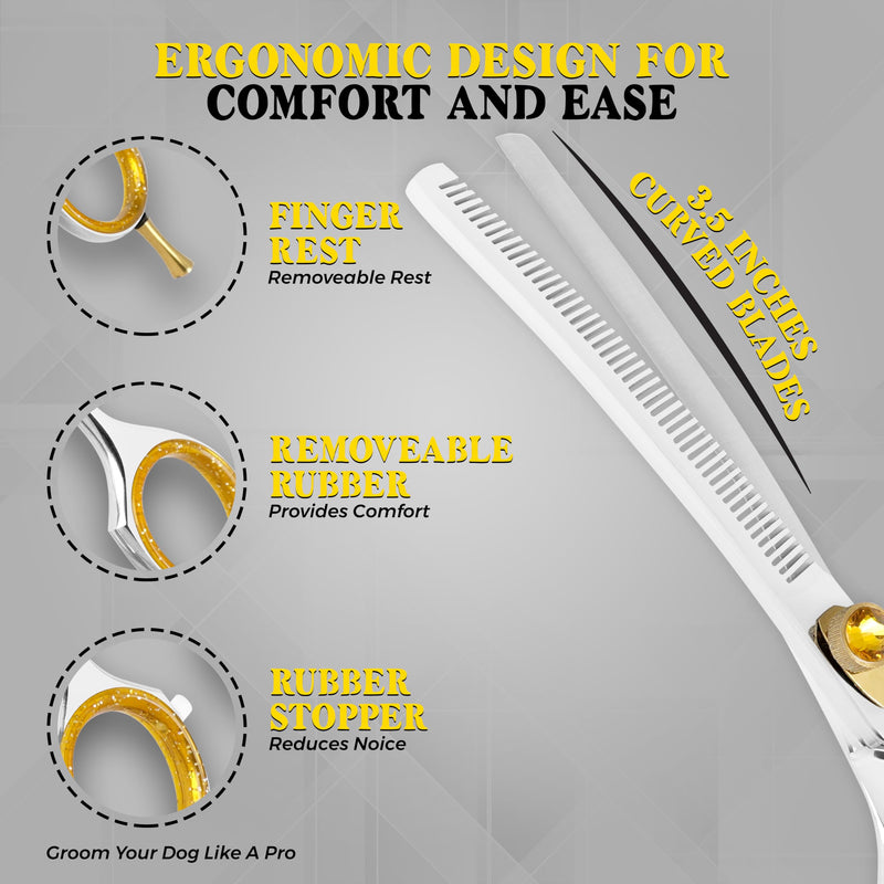 7.5” Curved Thinning Shears for Dogs and Cats – 34 Tooth Professional Pet Grooming Scissors – Smooth, Quiet Blending Shears for Face, Ears, Chest and Legs, Ergonomic Design for Home and Pro Use Polish Curved Thinning Scissors - PawsPlanet Australia